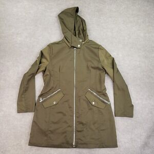 Karl Lagerfeld Jacket Women Size Large Green Hooded Windbreaker Pockets Full Zip